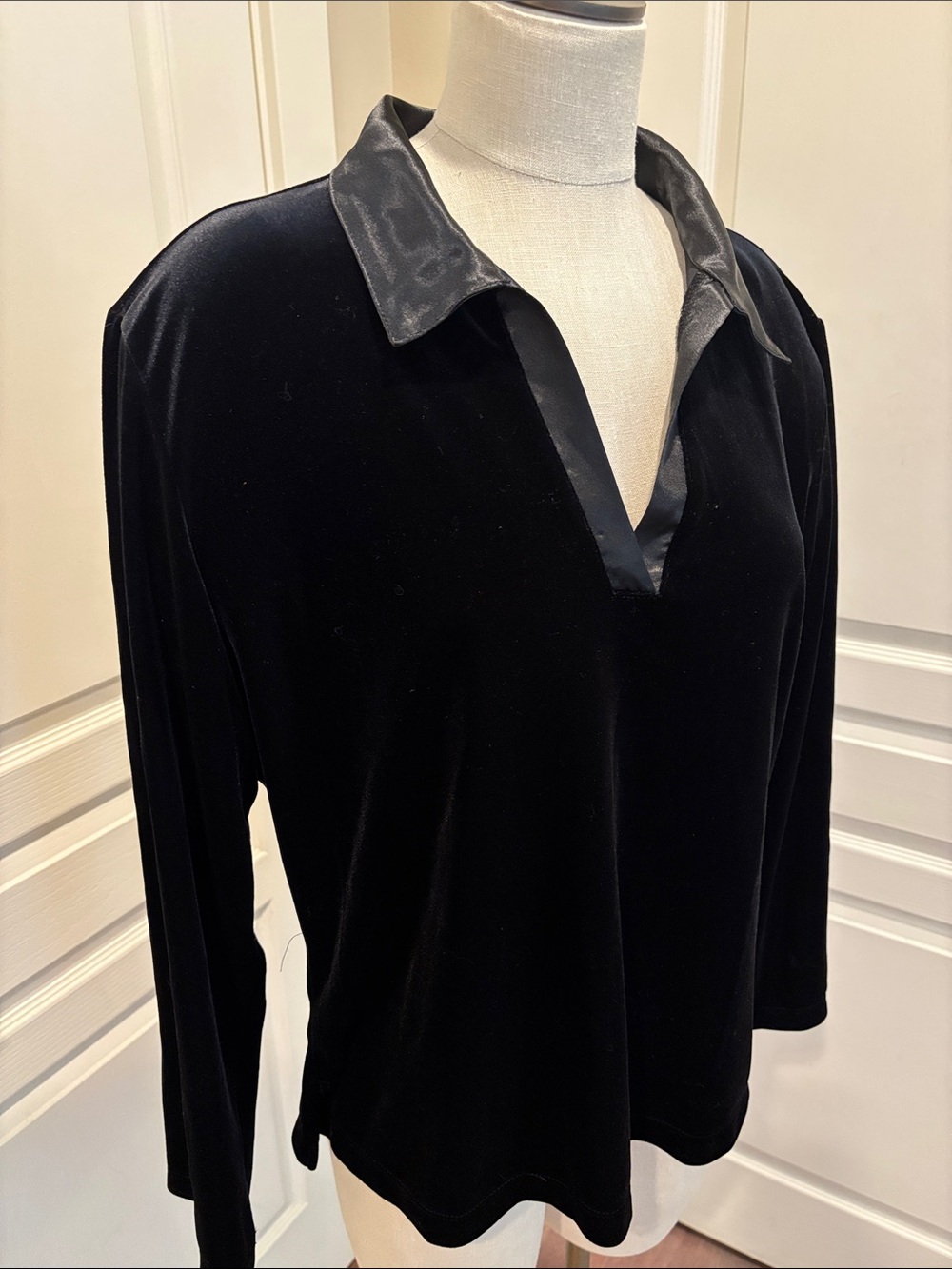 Chico's Black Velvet top with satin v neck collar.